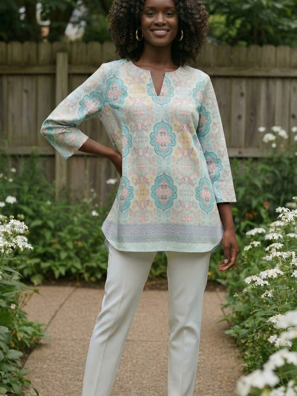Women’s Pastel Floral Notch-Neck Tunic Top - Light Multi